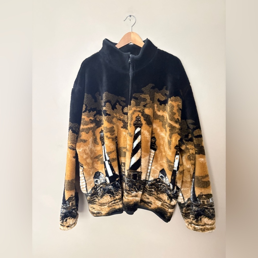 WHIMZICALS 90s vintage lighthouse Sherpa fleece zip up jacket sz 3X EUC cottage